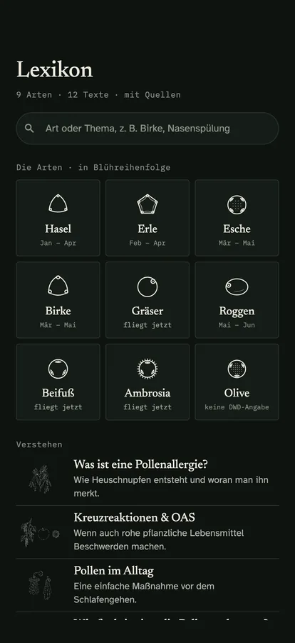 Das Lexikon: die neun Arten als Raster aus gezeichneten Pollenkörnern und darunter die Artikel als Zeilen mit Titel und einer Zeile Vorschau.