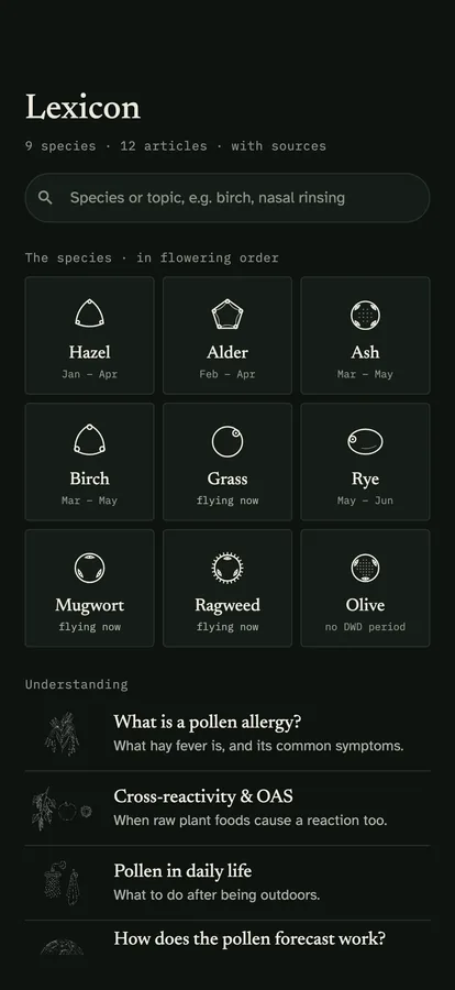 The lexicon: the nine species as a grid of drawn pollen grains, and below them the articles as rows with a title and a one-line preview.